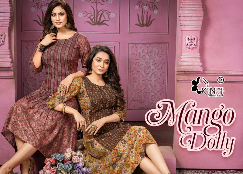 Kinti Mango Dolly Rayon Foil Printed Frock Style Party Wear Kurtis