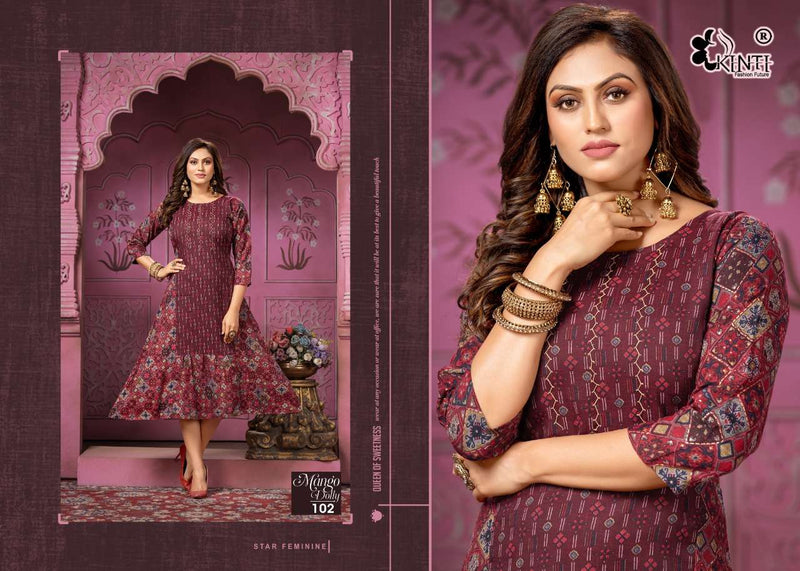 Kinti Mango Dolly Rayon Foil Printed Frock Style Party Wear Kurtis