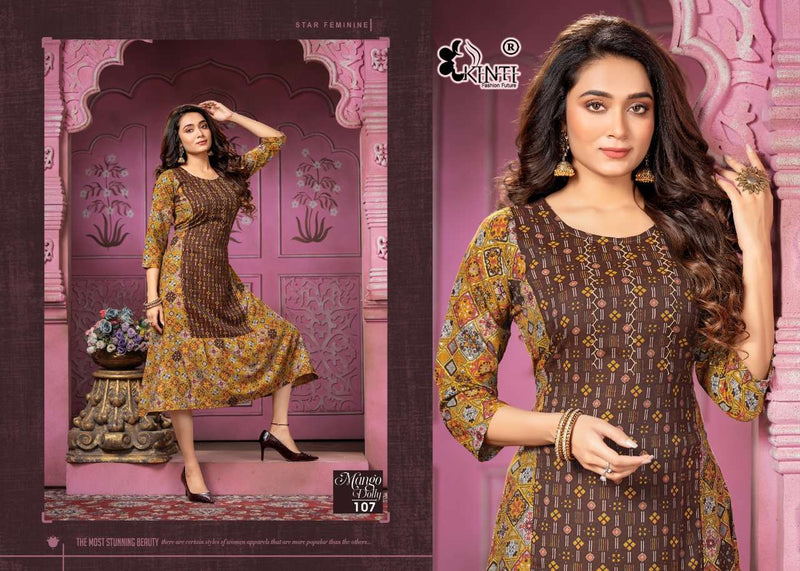 Kinti Mango Dolly Rayon Foil Printed Frock Style Party Wear Kurtis