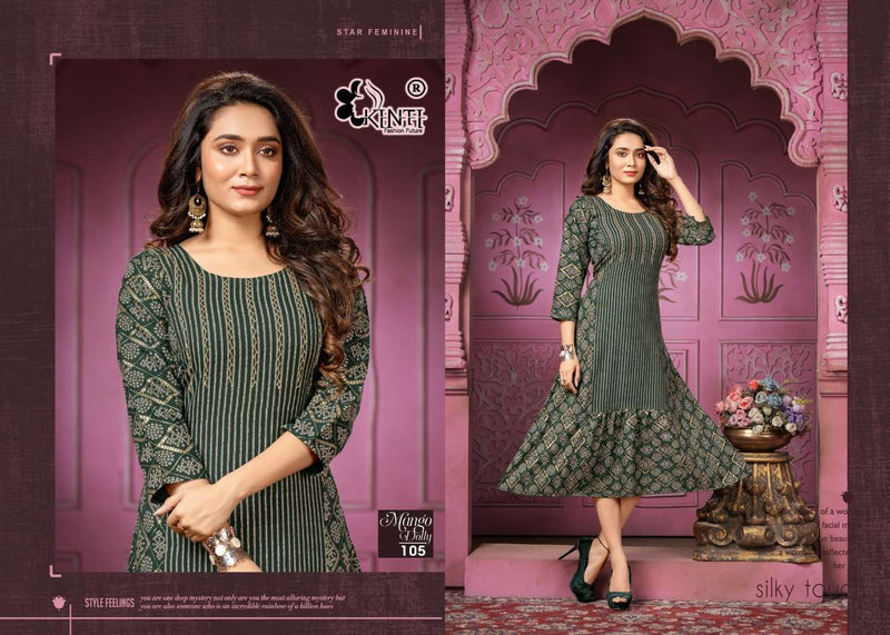 Kinti Mango Dolly Rayon Foil Printed Frock Style Party Wear Kurtis