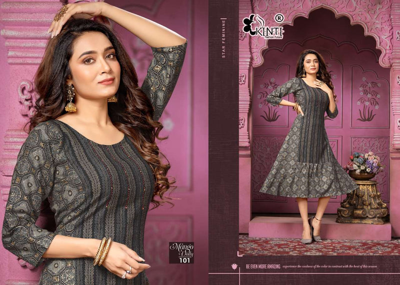 Kinti Mango Dolly Rayon Foil Printed Frock Style Party Wear Kurtis