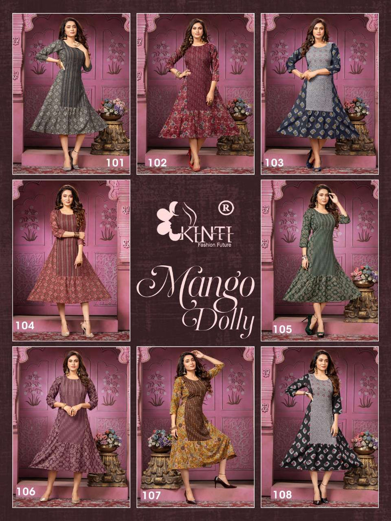 Kinti Mango Dolly Rayon Foil Printed Frock Style Party Wear Kurtis