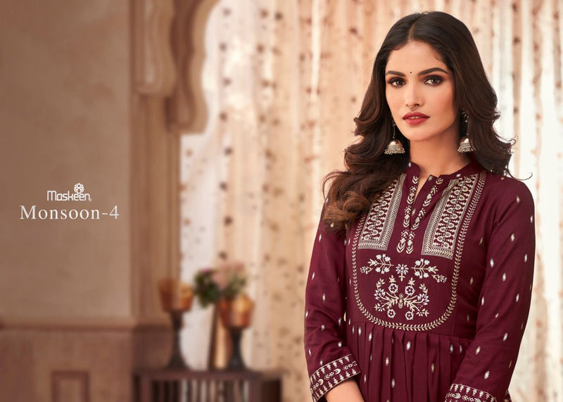 Maskeenji Monsoon Vol 4 Rayon Long Gown Type Party Wear Kurtis With Plazo