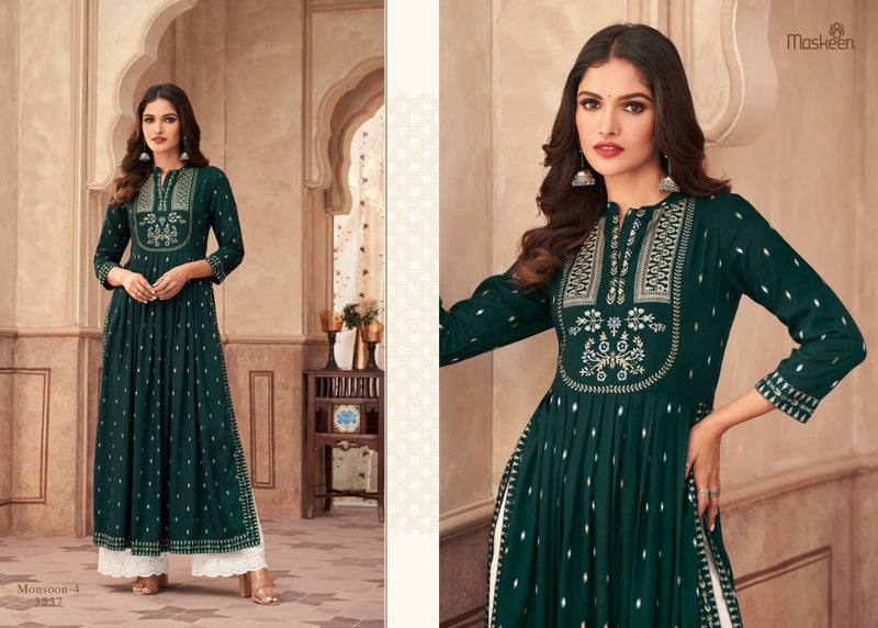 Maskeenji Monsoon Vol 4 Rayon Long Gown Type Party Wear Kurtis With Plazo