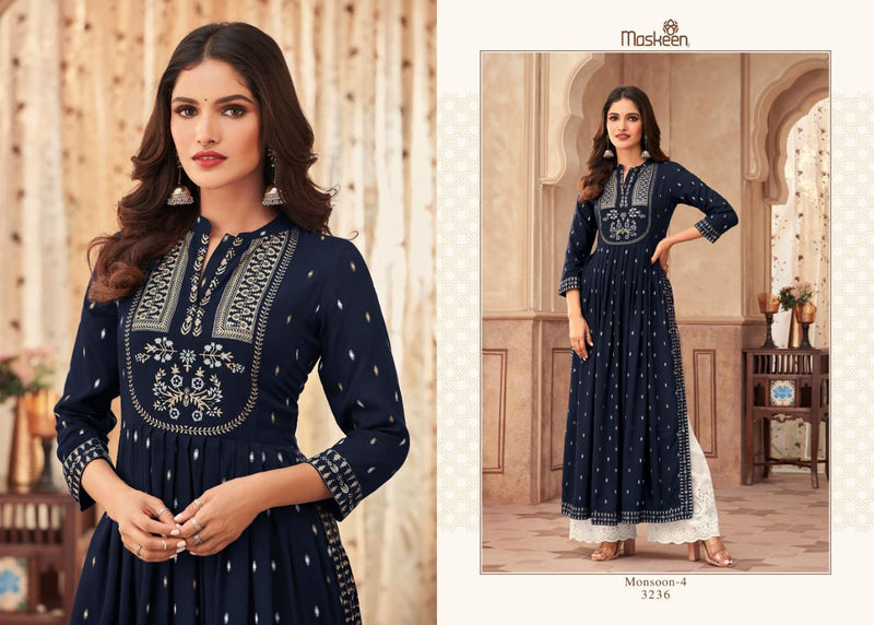 Maskeenji Monsoon Vol 4 Rayon Long Gown Type Party Wear Kurtis With Plazo