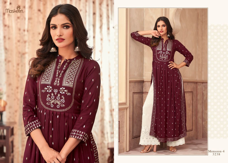 Maskeenji Monsoon Vol 4 Rayon Long Gown Type Party Wear Kurtis With Plazo