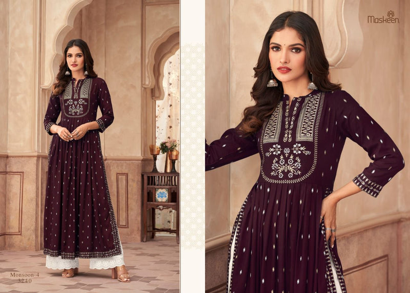 Maskeenji Monsoon Vol 4 Rayon Long Gown Type Party Wear Kurtis With Plazo