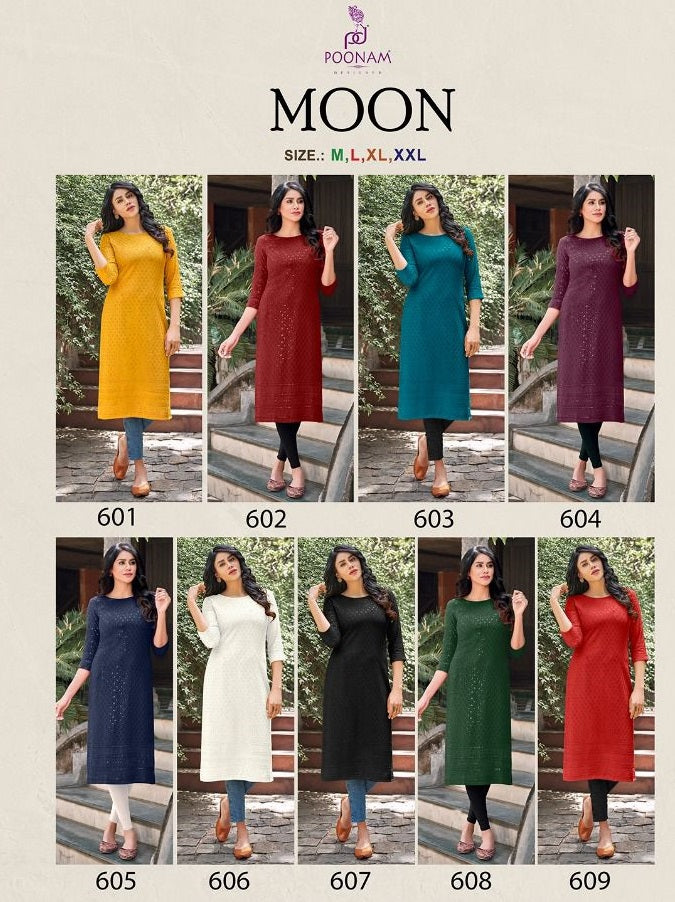 Poonam Designer Moon Rayon Kurtis With Chicken Work