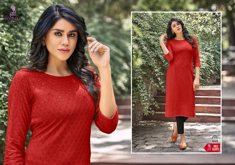Poonam Designer Moon Rayon Kurtis With Chicken Work