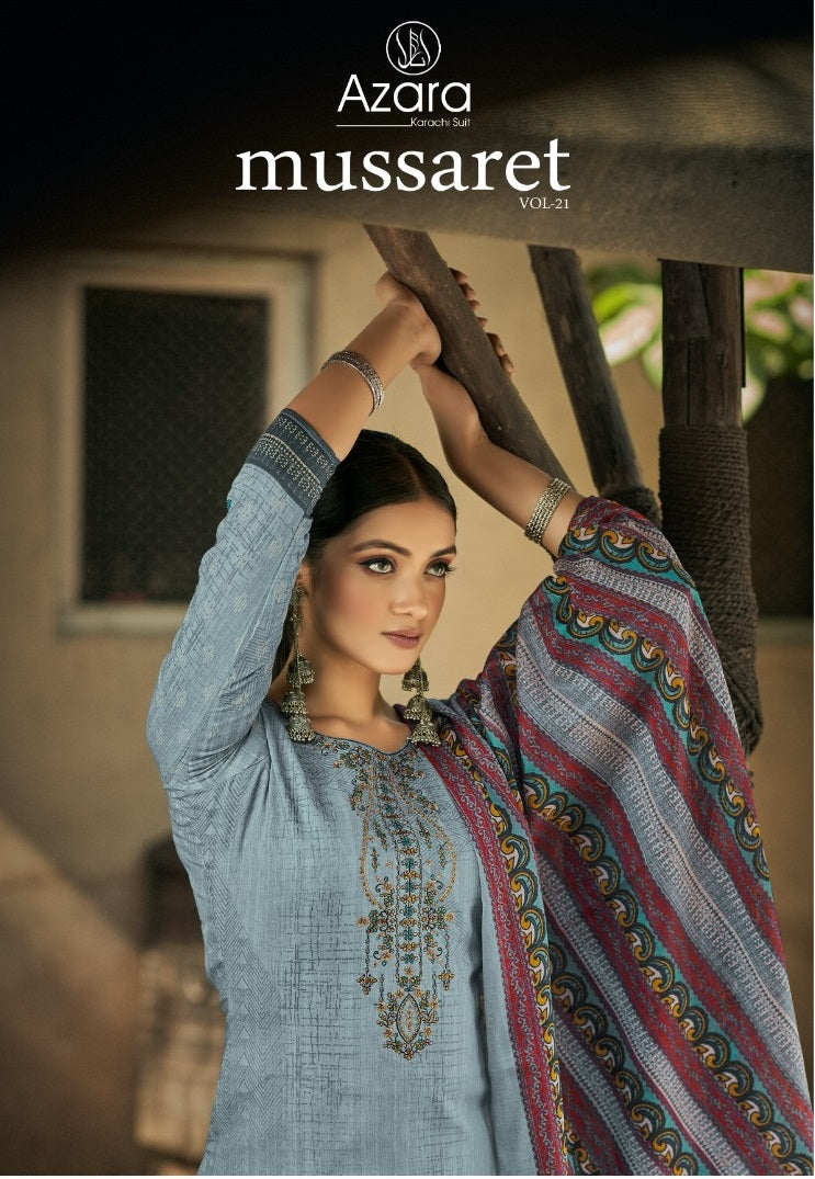 Radhika Fashion Azara Mussaret Vol 21 Pure Cambric Cotton Designer Prints Neck Embroidery Work Stylish Designer Partywear Salwar Suit