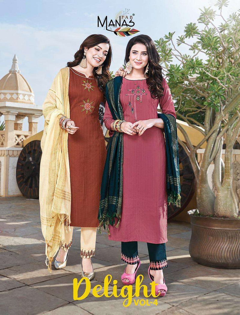 Manas Launch By Delight Vol 4 Chinon Silk With Embroidery And Hand Work Exclusive Readymade Salwar Suit