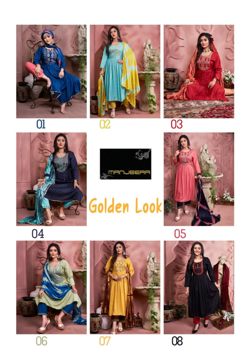 Manjeera Fashion Golden Look Naira Cut With Moti Work Fancy Kurti