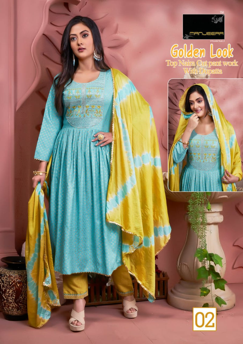 Manjeera Fashion Golden Look Naira Cut With Moti Work Fancy Kurti