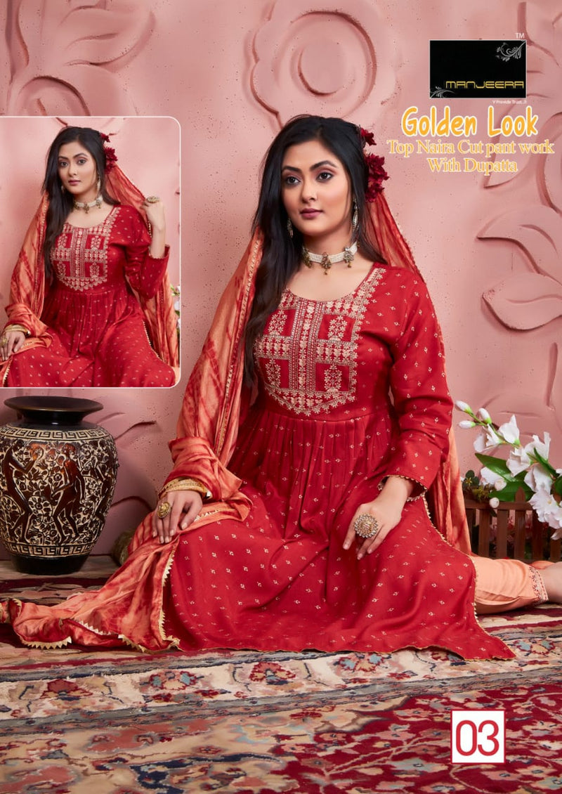Manjeera Fashion Golden Look Naira Cut With Moti Work Fancy Kurti