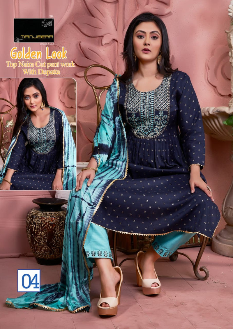 Manjeera Fashion Golden Look Naira Cut With Moti Work Fancy Kurti
