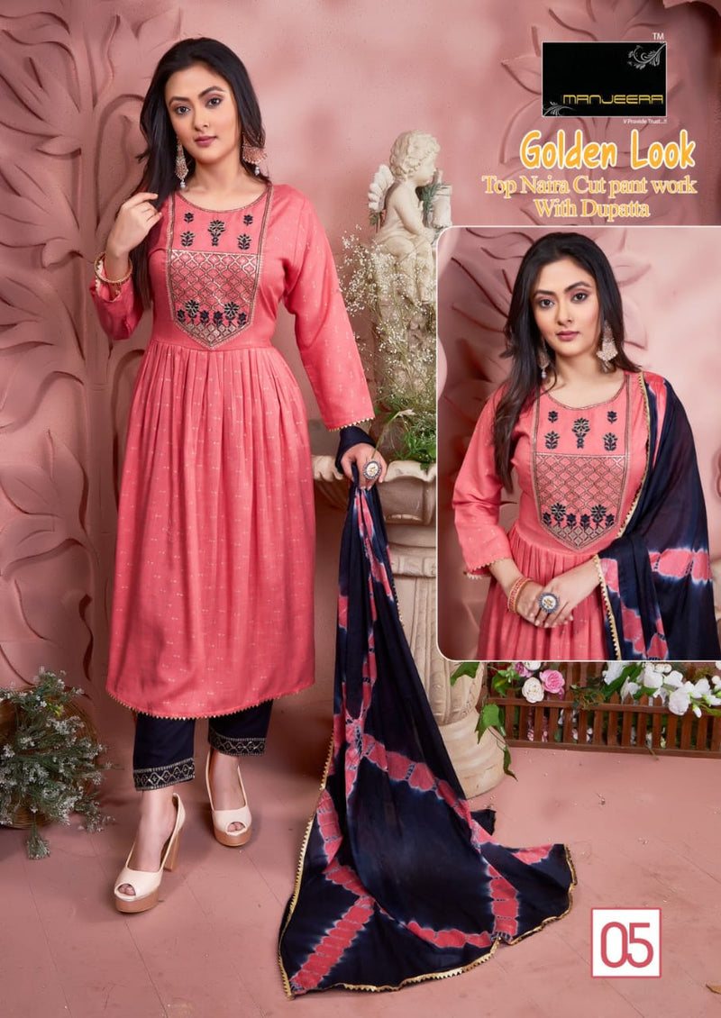 Manjeera Fashion Golden Look Naira Cut With Moti Work Fancy Kurti