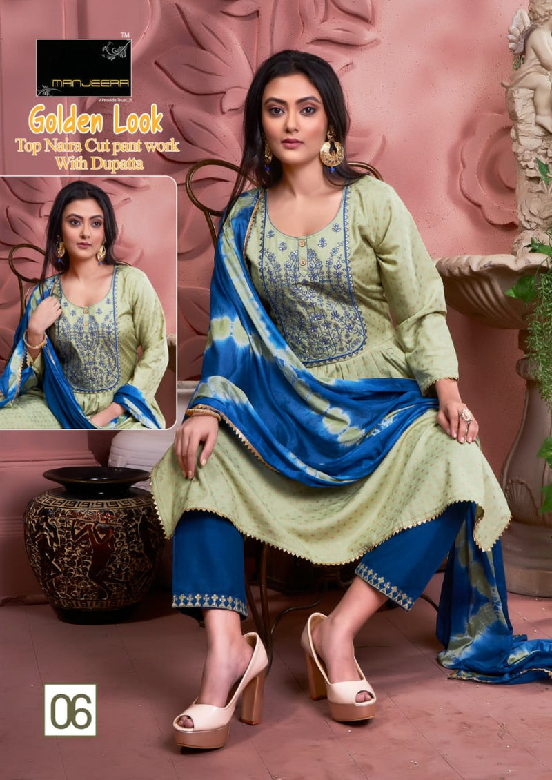 Manjeera Fashion Golden Look Naira Cut With Moti Work Fancy Kurti