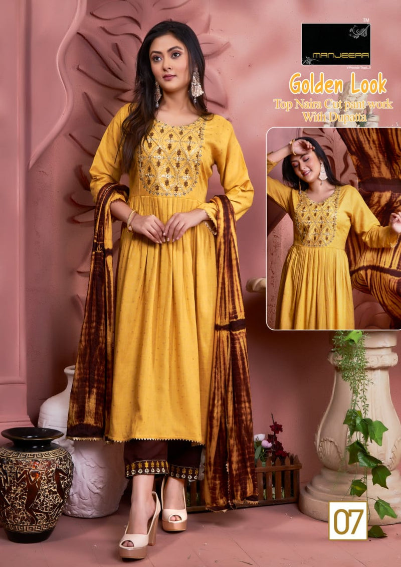 Manjeera Fashion Golden Look Naira Cut With Moti Work Fancy Kurti