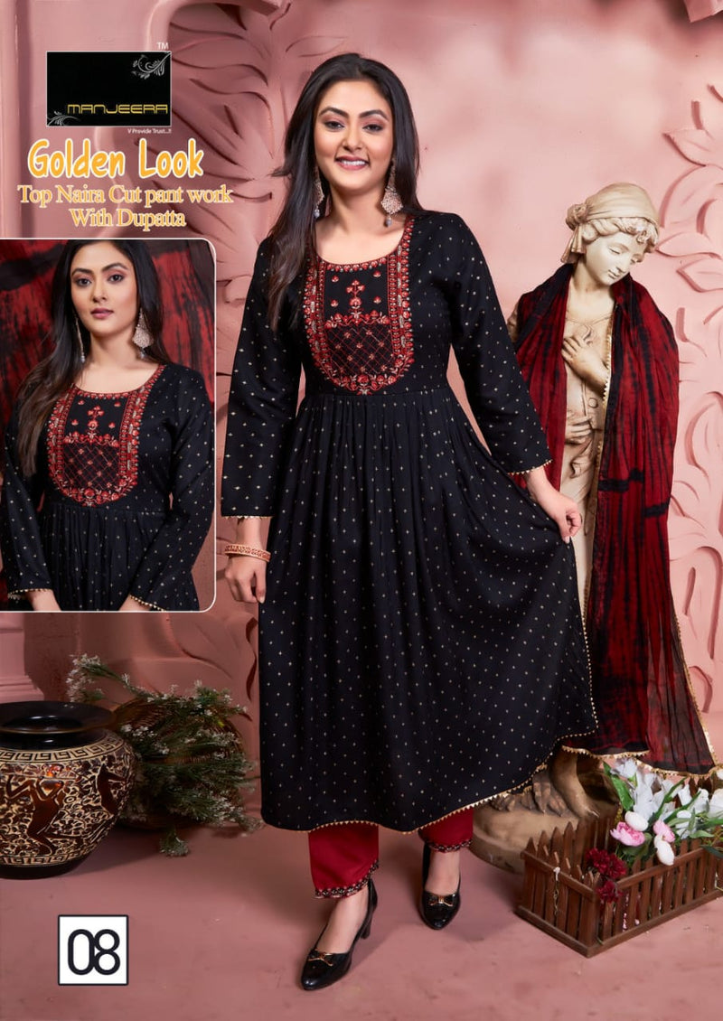 Manjeera Fashion Golden Look Naira Cut With Moti Work Fancy Kurti