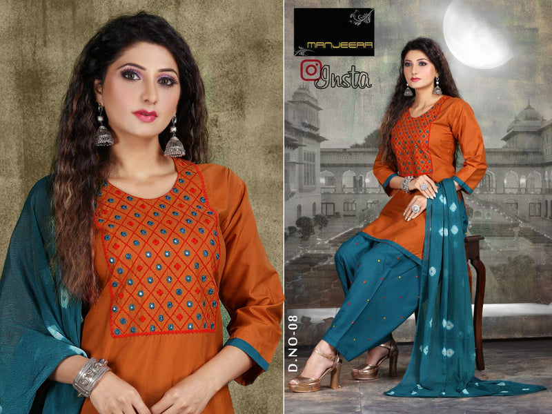 Manjeera Insta semi Satin with Inner Patiyala Work Salwar Suit