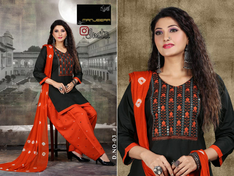 Manjeera Insta semi Satin with Inner Patiyala Work Salwar Suit