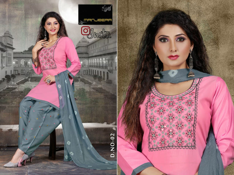 Manjeera Insta semi Satin with Inner Patiyala Work Salwar Suit