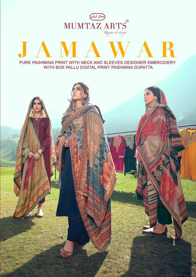 Mumtaz Arts Jamawar Pashmina Print With Designer Neck Embroidery Suit