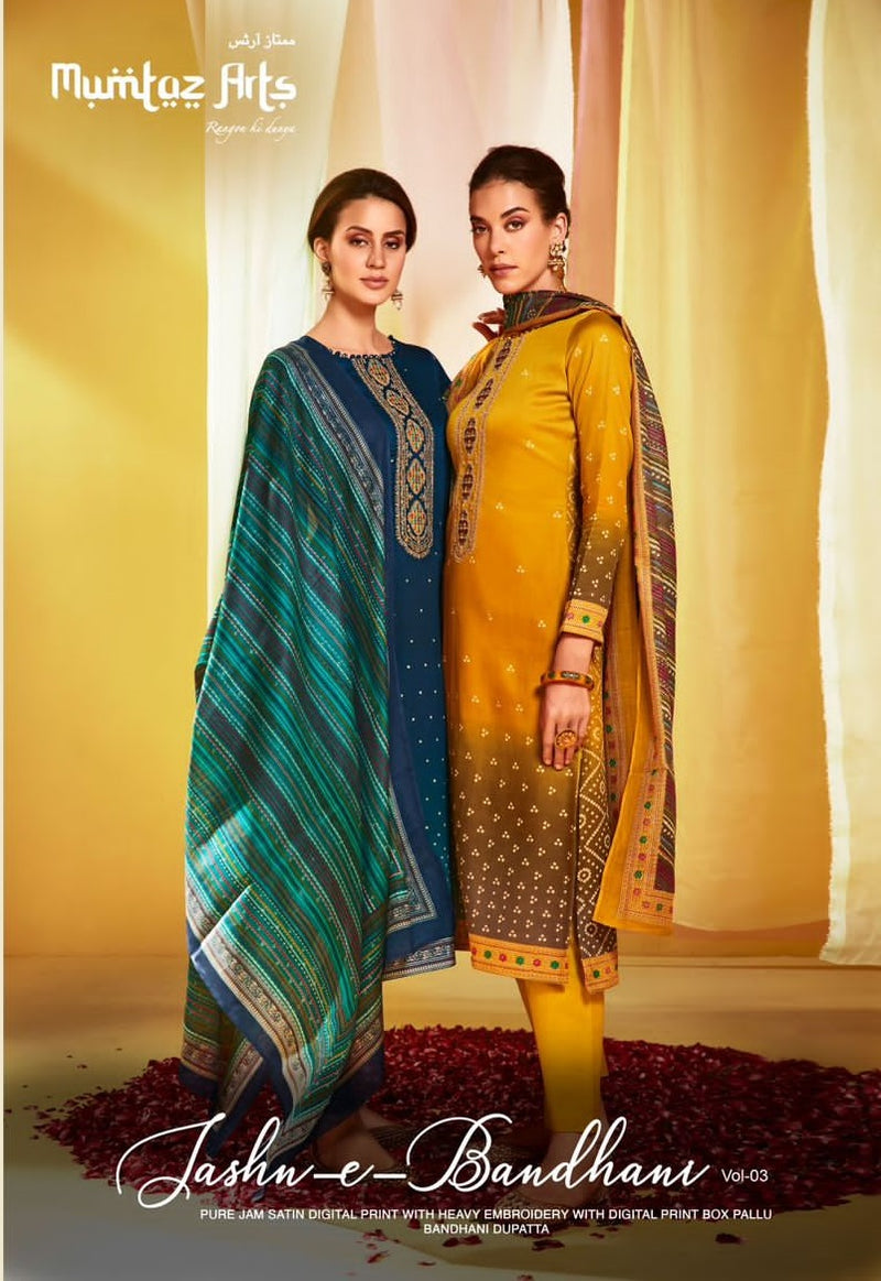 Mumtaz Arts Jash E Bandhani Vol 3 Pure Jam Satin Digital Print With Embroidered Work Salwar Suit