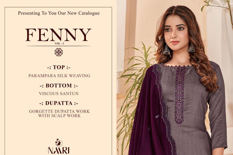 Naari Fenny Vol 3 Heavy Silk Weaving Pattern Lining Sequence Embroidery Work Fancy Designer Salwar Suit