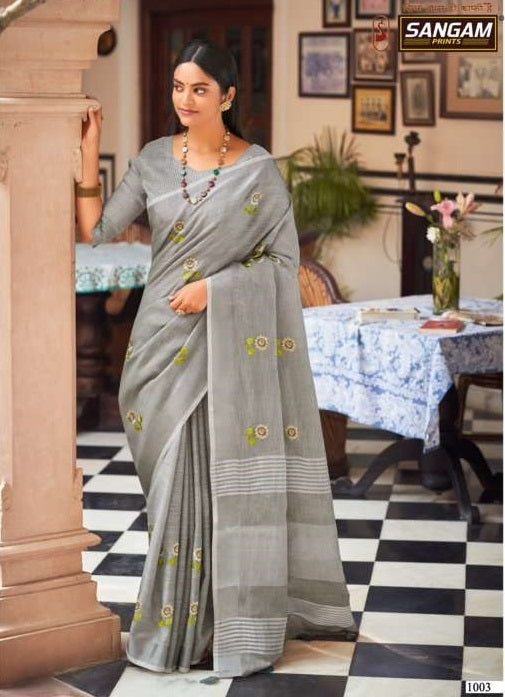Sangam Prints Nagma Linen Beautiful  Festive Wear Sarees With Embroidery Work