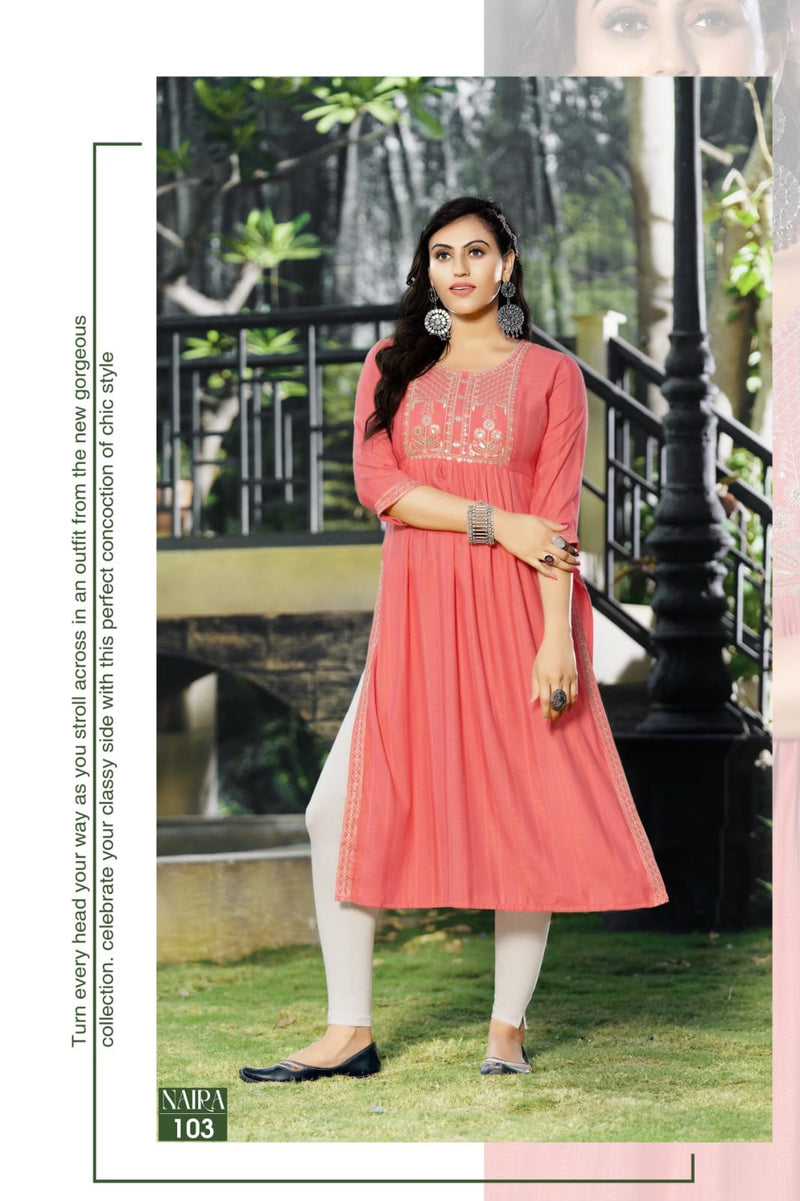Hirwa Naira Self Woven Fancy Viscose Rayon Fancy Naira Cut Kurti