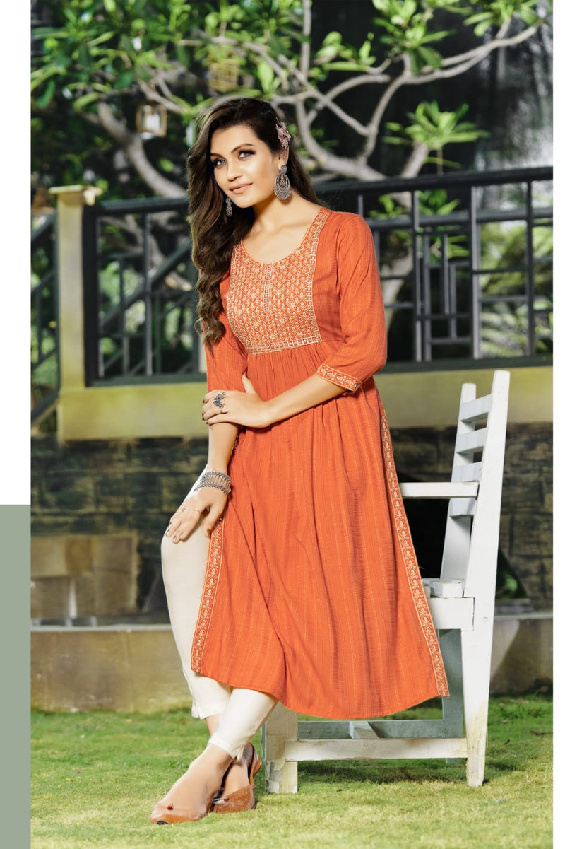 Hirwa Naira Self Woven Fancy Viscose Rayon Fancy Naira Cut Kurti
