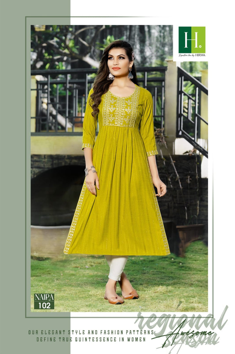 Hirwa Naira Self Woven Fancy Viscose Rayon Fancy Naira Cut Kurti