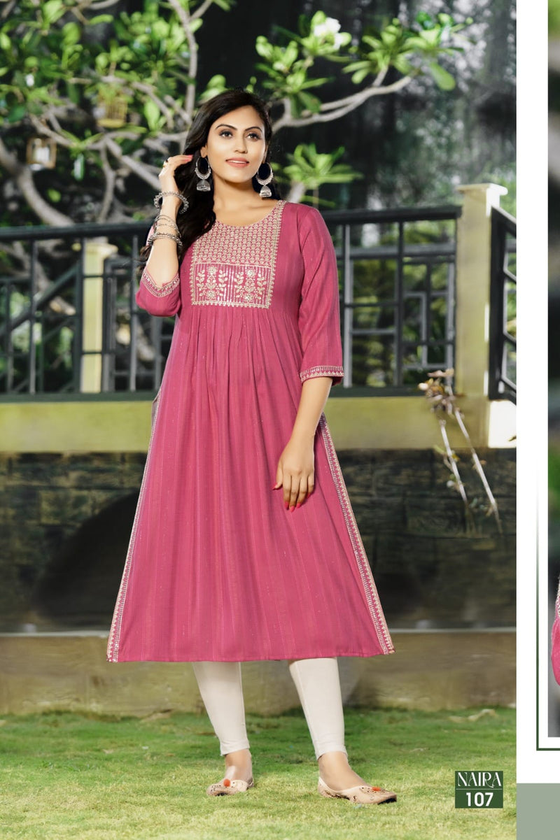 Hirwa Naira Self Woven Fancy Viscose Rayon Fancy Naira Cut Kurti