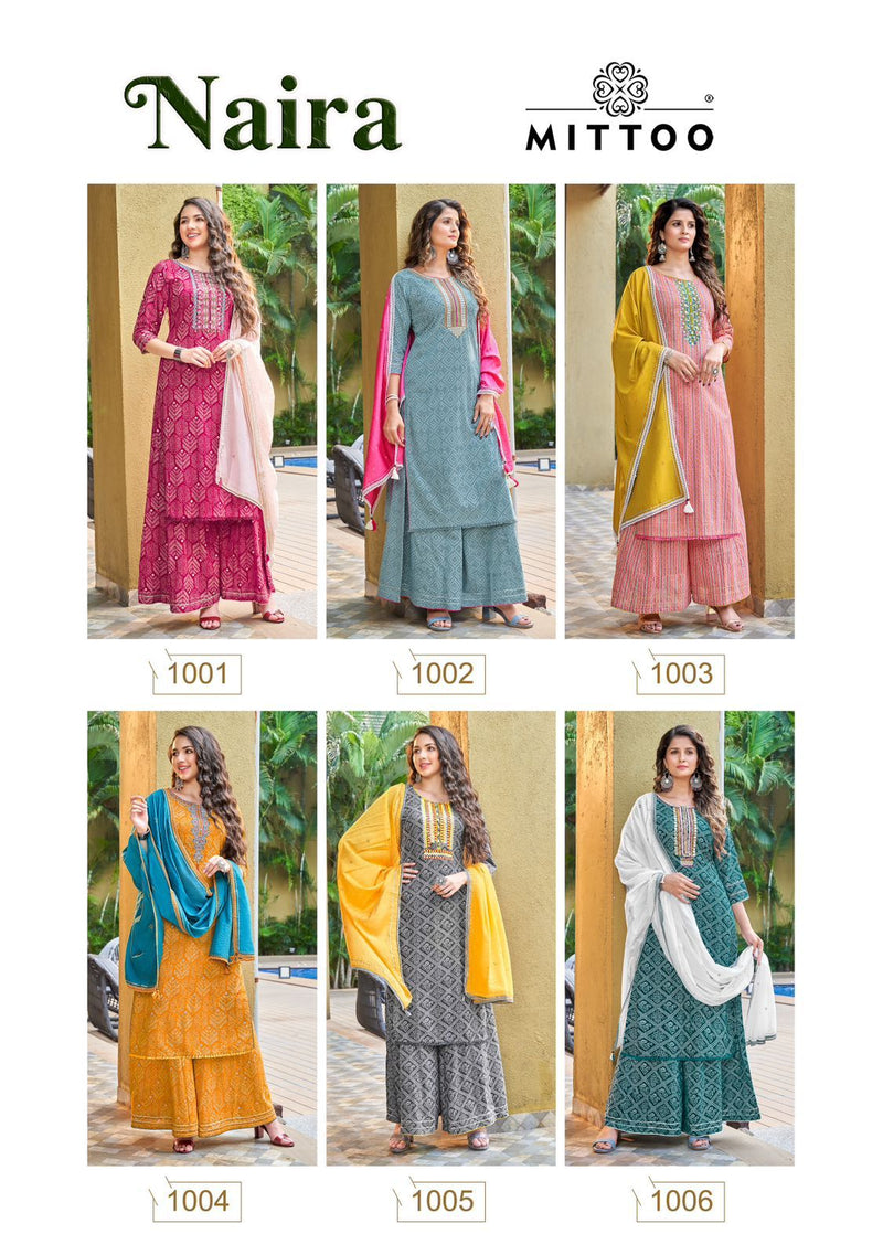 Mittoo Naira Rayon With Beautiful Fancy Work Stylish Designer Festive Wear Kurti