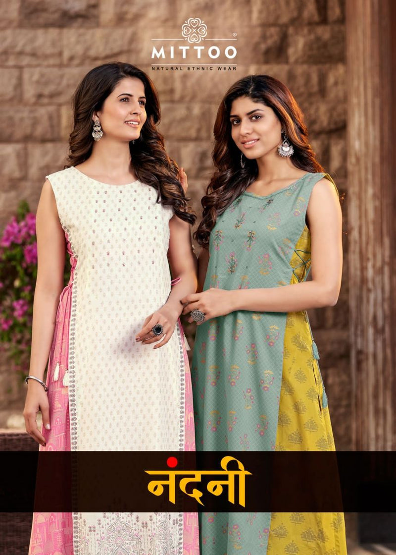 Mittoo Nandani Rayon With Fancy Prints Embroidered Party Wear Kurtis