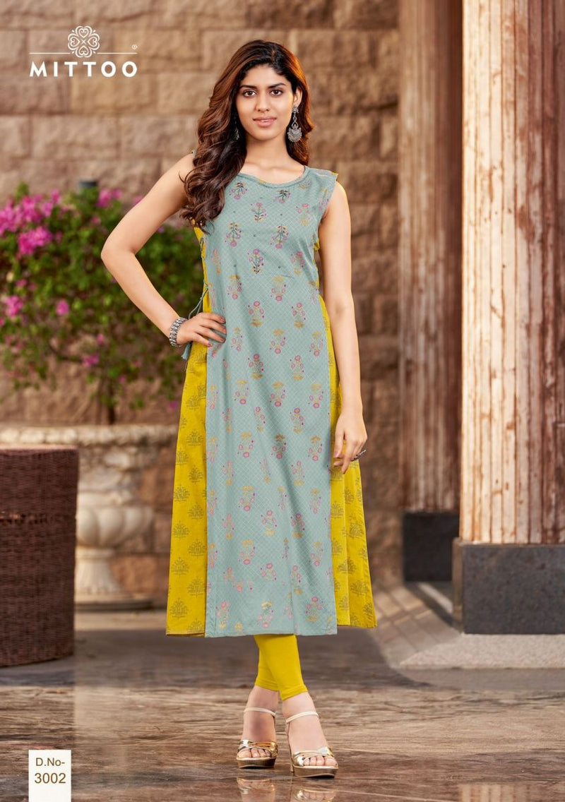 Mittoo Nandani Rayon With Fancy Prints Embroidered Party Wear Kurtis