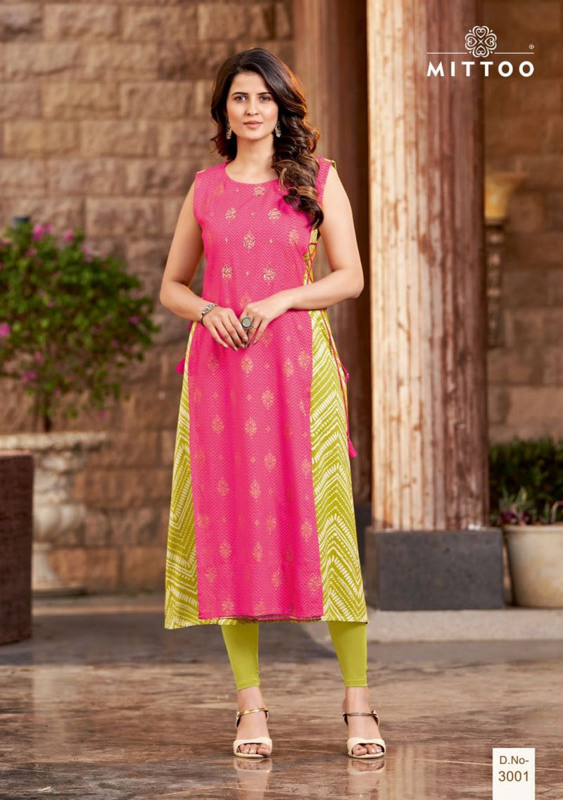 Mittoo Nandani Rayon With Fancy Prints Embroidered Party Wear Kurtis
