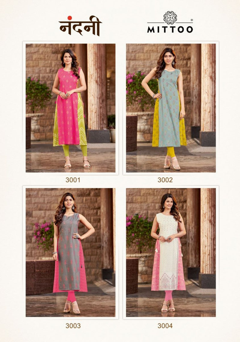 Mittoo Nandani Rayon With Fancy Prints Embroidered Party Wear Kurtis