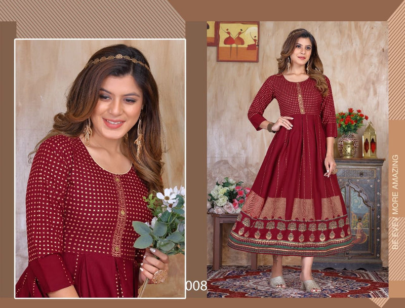 Golden Natural Beauty Vol 1 Rayon Foil Printed Gown Style Fancy Party Wear Kurtis