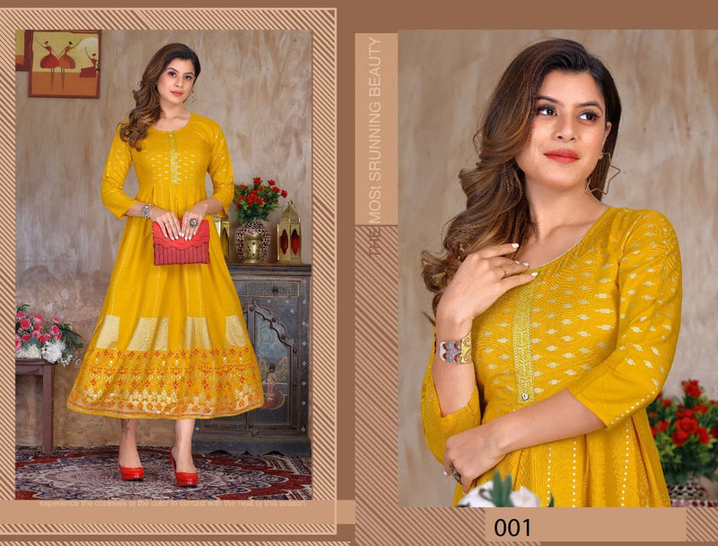 Golden Natural Beauty Vol 1 Rayon Foil Printed Gown Style Fancy Party Wear Kurtis