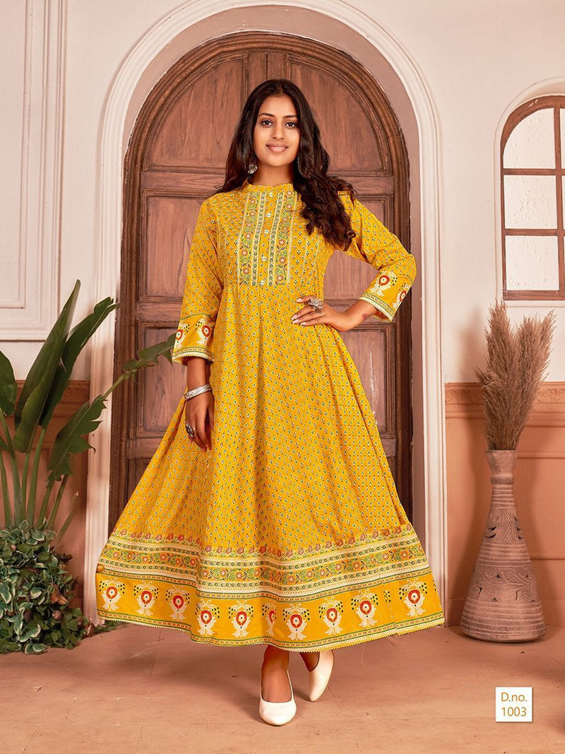 Banwery Fashion Nayanthara Vol 1 Rayon With Jaipuri Print Gown Style Party Wear Kurtis