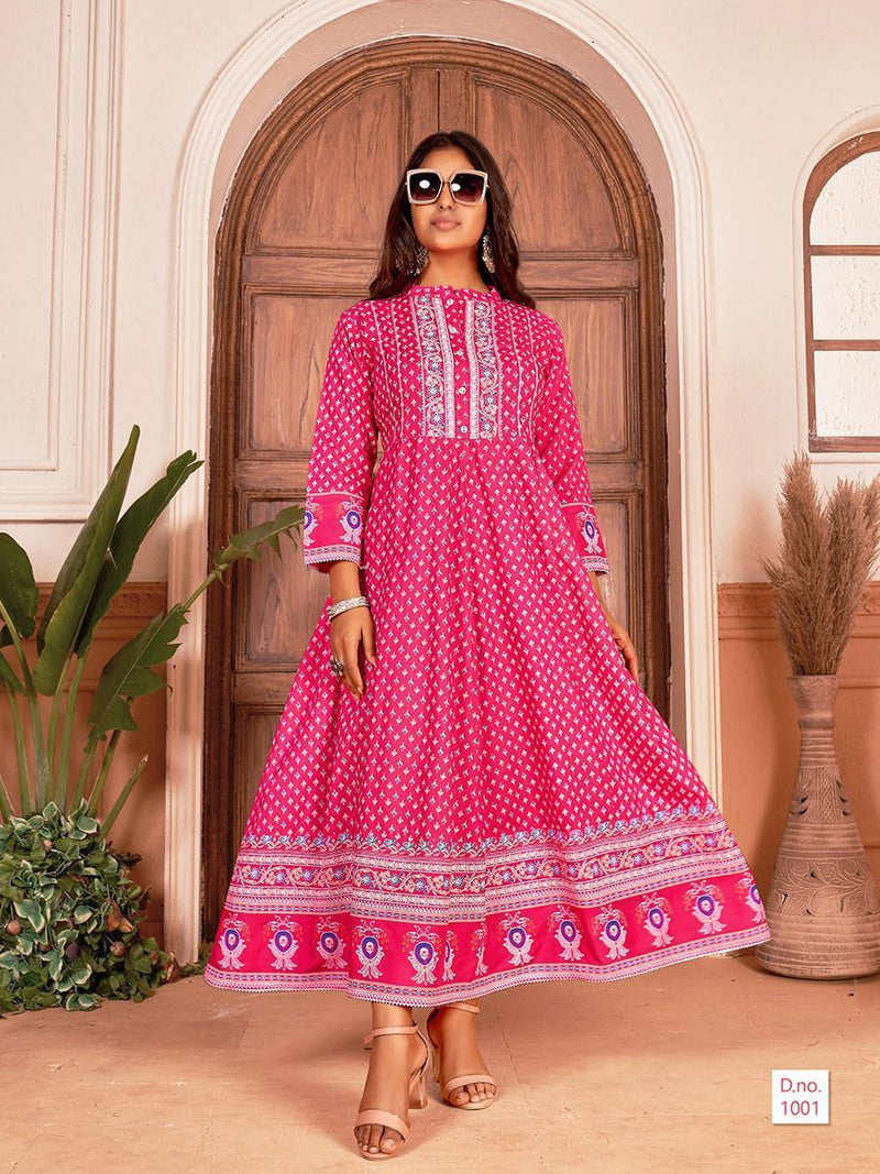 Banwery Fashion Nayanthara Vol 1 Rayon With Jaipuri Print Gown Style Party Wear Kurtis