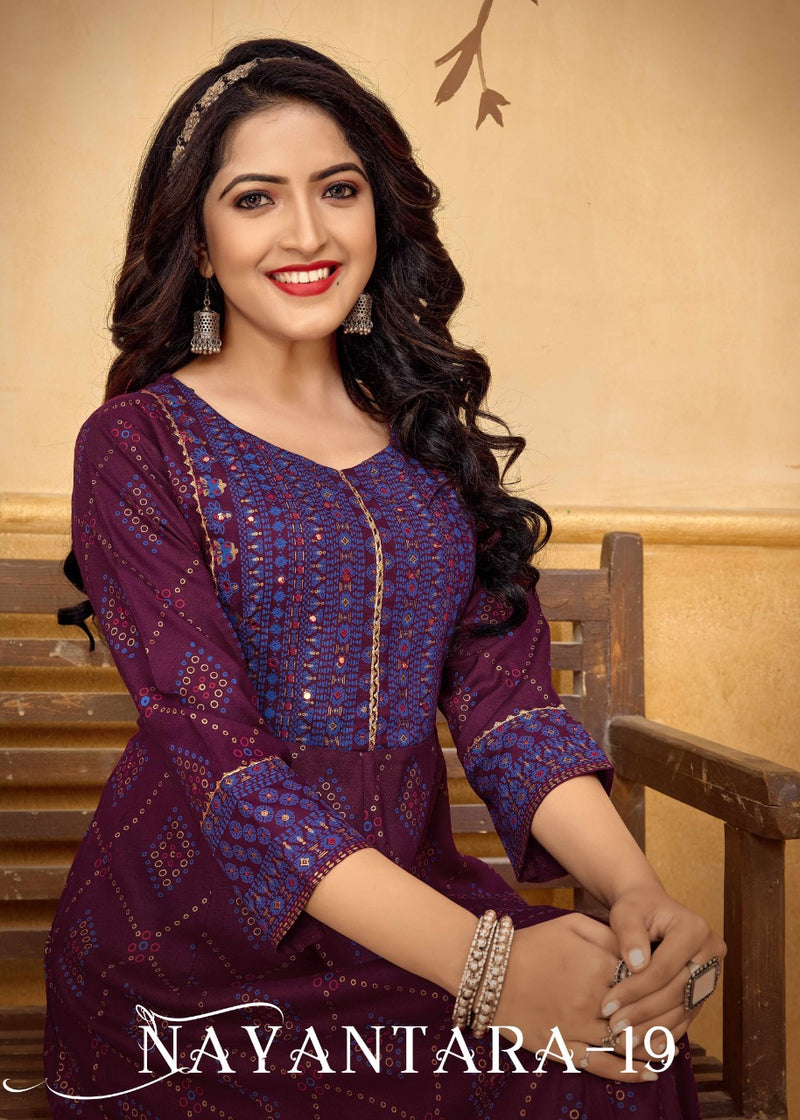 Banwery Nayanthara Vol 19 R Rayon With Foil Printed Work Stylish Designer Festive Wear Long Gown