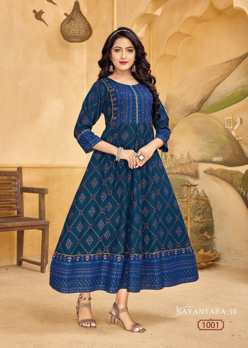 Banwery Nayanthara Vol 19 R Rayon With Foil Printed Work Stylish Designer Festive Wear Long Gown