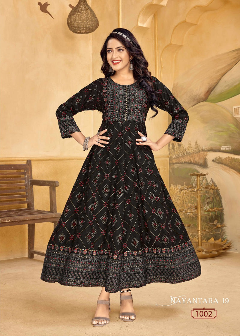 Banwery Nayanthara Vol 19 R Rayon With Foil Printed Work Stylish Designer Festive Wear Long Gown