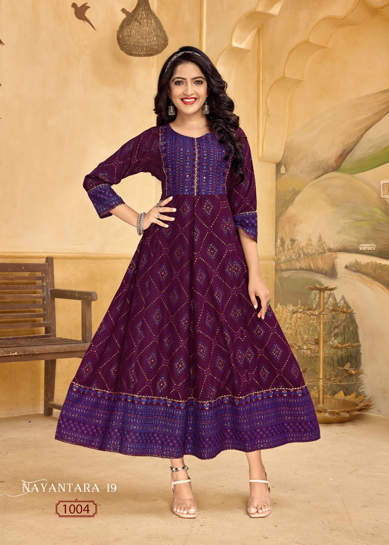Banwery Nayanthara Vol 19 R Rayon With Foil Printed Work Stylish Designer Festive Wear Long Gown