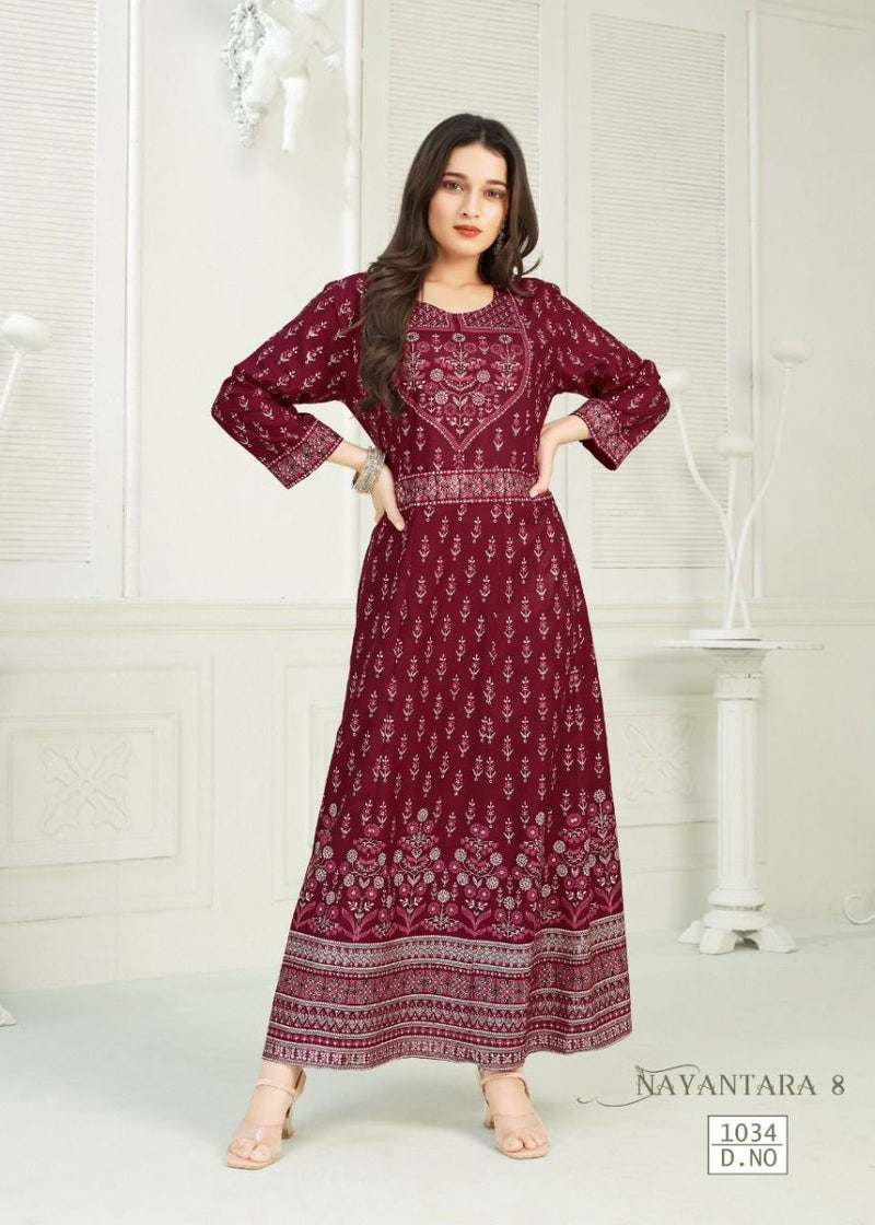 Banwery Fashion Nayantara Vol 8 Rayon With Hand Work Stylish Designer Casual Wear Long Kurti