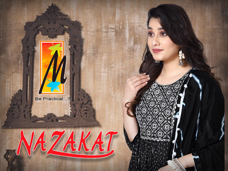 Master Nazakat Printed Rayon Nayra Cut Embroidery Fancy Designer Partywear Kurti