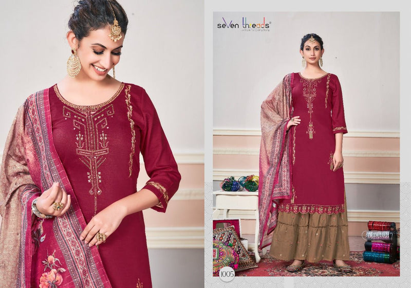 Seven Threads Nazakat Viscose Silk Fancy Stylish Party Wear Kurtis With Sharara Style Bottom & Dupatta